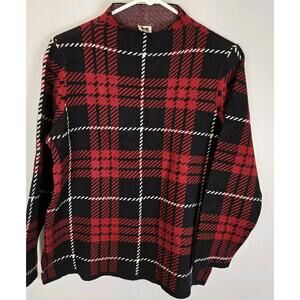 Anne Klein Big Bold Plaid Sweater SM Red Black Long Sleeve Mock Neck Side Slits